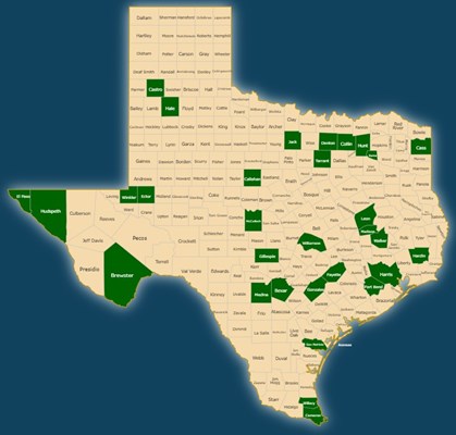 Map of Texas with Court Reminder Program participating counties highlighted