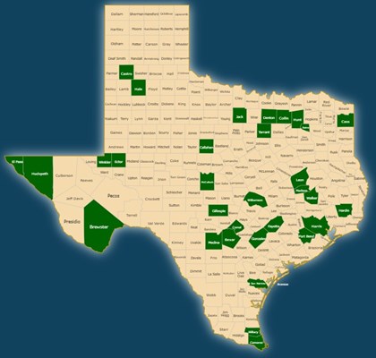 Map of Texas with Court Reminder Program participating counties highlighted